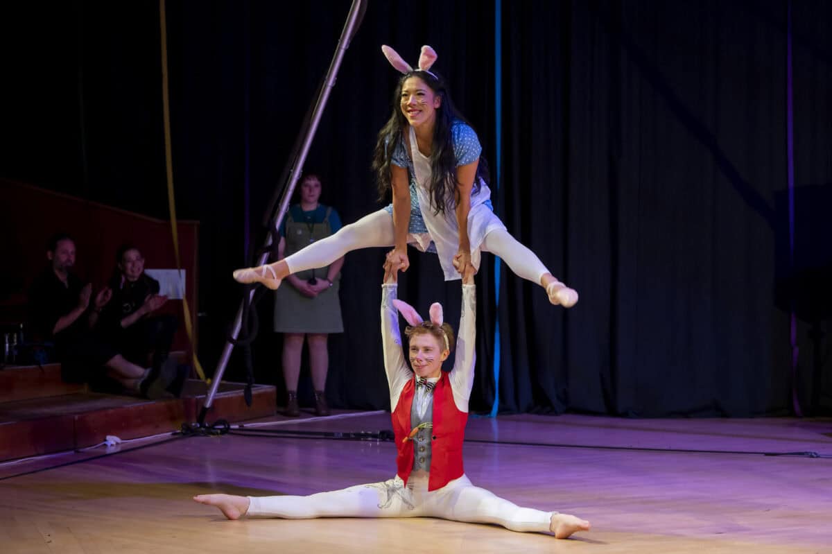 Cabaret of Misfits at Universal Hall Findhorn - Alice and Rabbit acro duet. Photo Mark Richards
