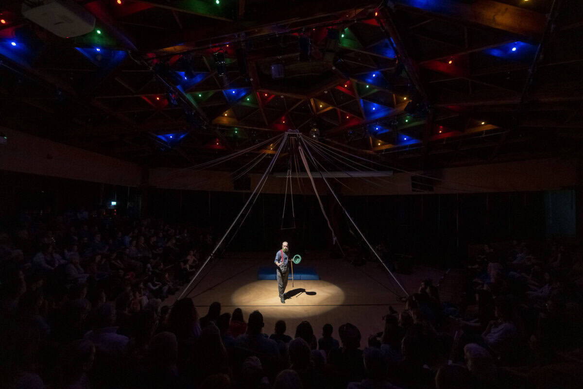 Cabaret of Misfits at Universal Hall Findhorn - freak compering. Photo Mark Richards
