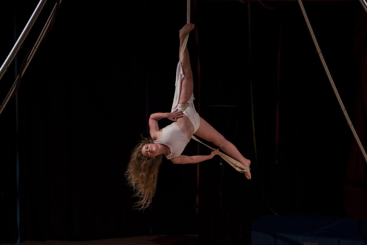 Cabaret of Misfits at Universal Hall Findhorn - Lauren on straps. Photo Mark Richards