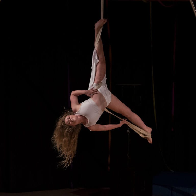 Cabaret of Misfits at Universal Hall Findhorn - Lauren on straps. Photo Mark Richards