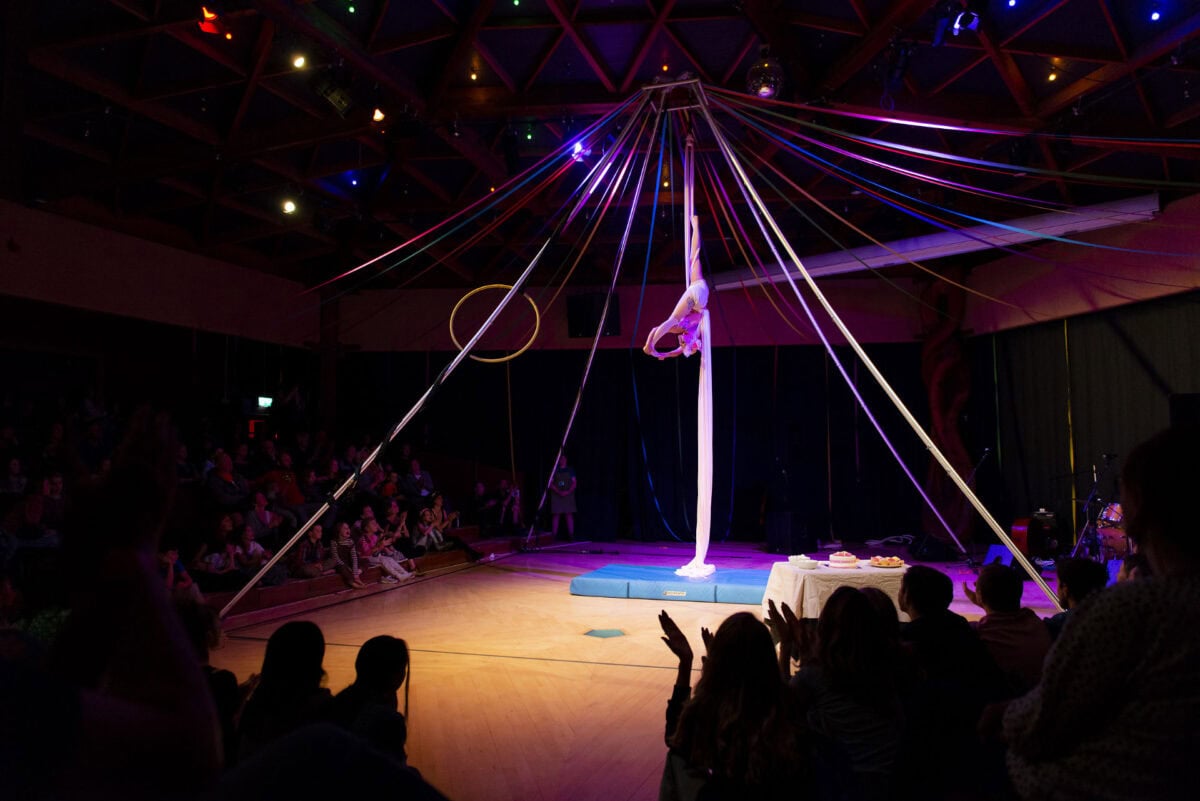 Cabaret of Misfits at Universal Hall Findhorn - Rachael on silks. Photo Mark Richards