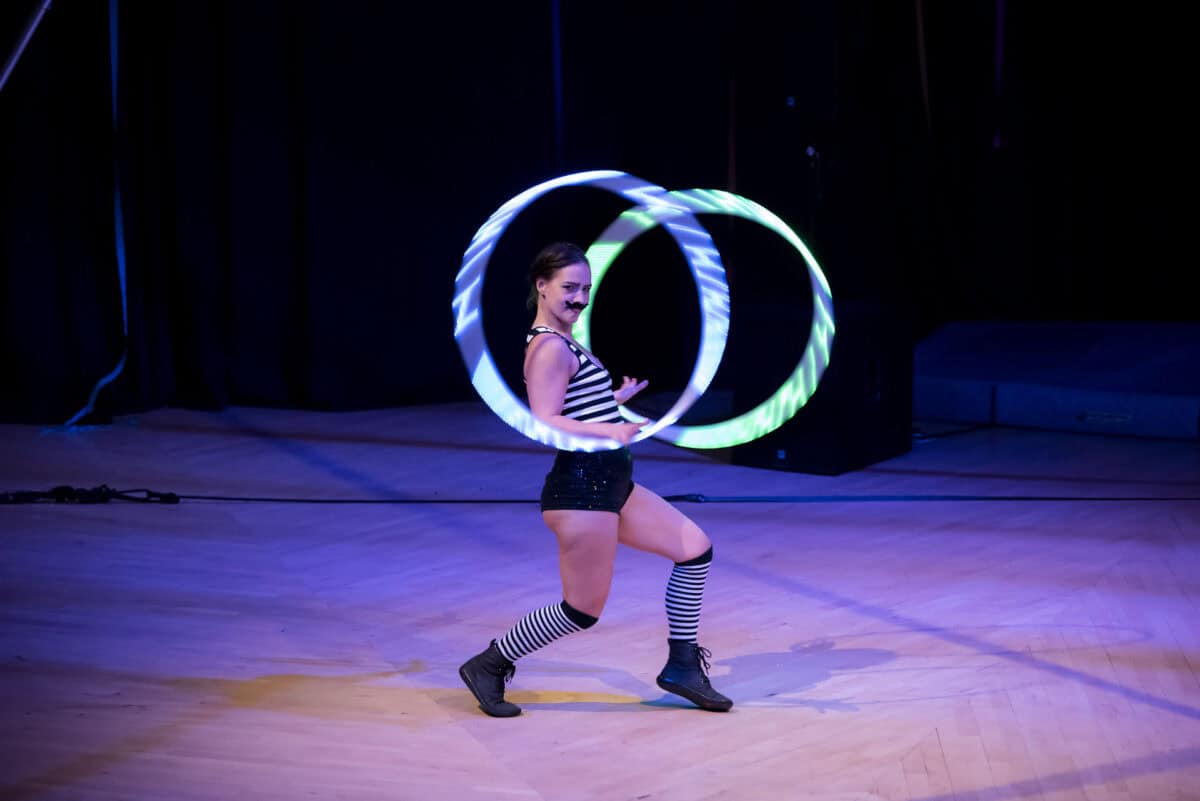 Cabaret of Misfits at Universal Hall Findhorn - Strongman Fred performing hula hoops. Photo Mark Richards